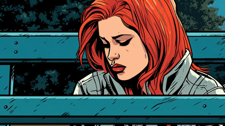 Sad woman sitting alone on a park bench. Fantasy concept, Illustration painting. Digital art.