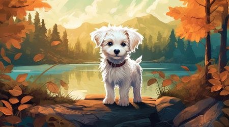 little white puppy dog standing in the forest near the lake. Fantasy concept, Illustration painting....