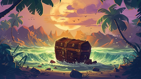A hurricane sweeping through a deserted island with a treasure chest. Fantasy concept, Illustration...