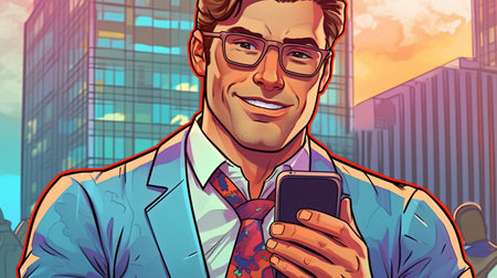 Handsome man holding a smartphone and smiling. Fantasy concept, Illustration painting. Digital art.