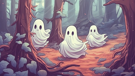 Happy little ghosts playing in a spooky forest. Fantasy concept, Illustration painting. Digital art.の写真素材
