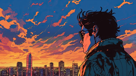 Reflective individual gazing at a city skyline. Fantasy concept, Illustration painting. Digital art.の写真素材