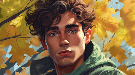 A handsome guy against the forest. Fantasy concept, Illustration painting. Digital art.