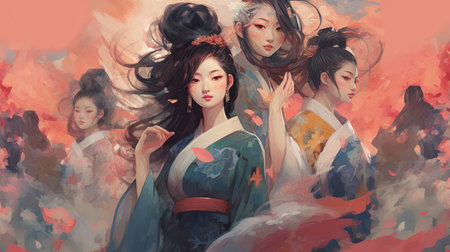 Beautiful women in kimonos. Fantasy concept, Illustration painting. Digital art.の写真素材