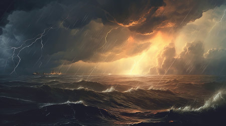Dramatic thunderstorms over the ocean. Fantasy concept, Illustration painting. Digital art.の写真素材