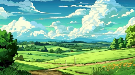 Peaceful countryside landscape, green meadow. Fantasy concept, Illustration painting. Digital art.の写真素材