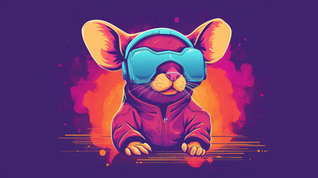 Mouse using a virtual reality headset on purple background. Cartoon character Cartoon illustration. Digital illustration.の写真素材