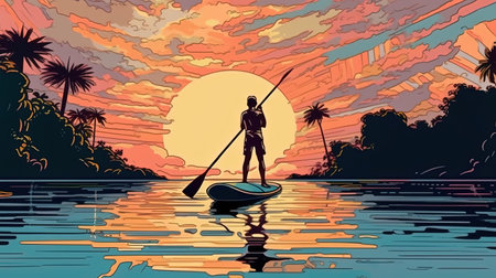 Stand-up paddleboarding. Fantasy concept, Illustration painting. Digital art.の写真素材