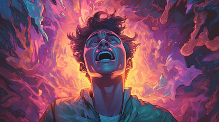 A young guy screams in pain. Fantasy concept, Illustration painting. Digital art.の写真素材