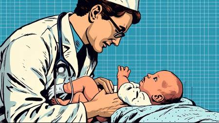 Pediatrician examining a newborn baby. Fantasy concept, Illustration painting. Digital art.の写真素材