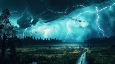 Dramatic lightning strikes in a storm. Fantasy concept, Illustration painting. Digital art.の写真素材