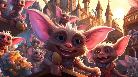 Playful little gremlins causing mayhem in a magical town. Fantasy concept, Illustration painting. Digital art.の写真素材