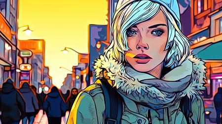 Fashionable street style in a city. Fantasy concept, Illustration painting. Digital art.の写真素材