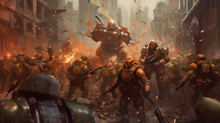 A team of futuristic soldiers fighting a horde of zombie cyborgs. Fantasy concept, Illustration painting.の写真素材