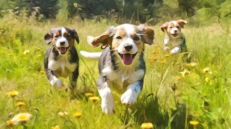 Playful puppies running in a meadow. Illustration painting. Digital art.の写真素材