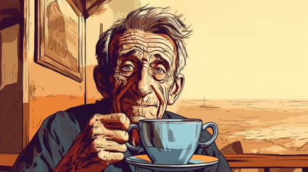 Smiling elderly man enjoying a cup of coffee. Fantasy concept, Illustration painting. Digital art.の写真素材