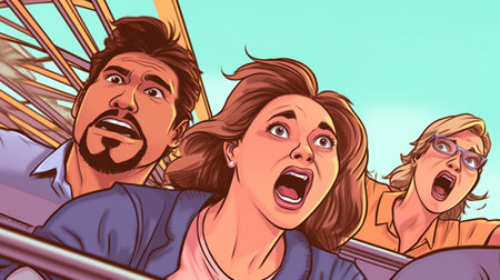 Excited friends riding roller coasters at an amusement park. Fantasy concept, Illustration painting....