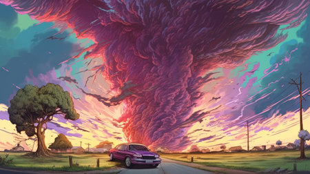 A tornado coming to the car on the road. Fantasy concept, Illustration painting.の写真素材