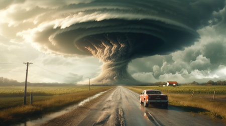 A tornado coming to the car on the road. Fantasy concept, Illustration painting.の写真素材