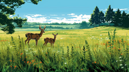 A tranquil meadow with a family of deer grazing. Fantasy concept, Illustration painting.の写真素材