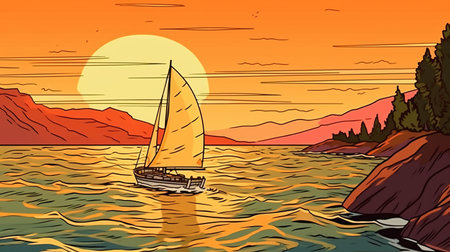 Yacht sailing in the open waters. Fantasy concept, Illustration painting. Digital art.の写真素材