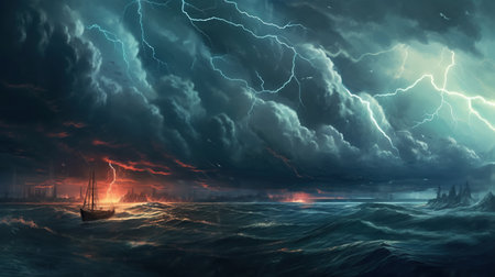 Dramatic thunderstorms over the ocean. Fantasy concept, Illustration painting. Digital art.の写真素材