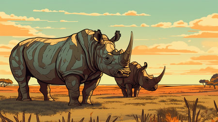 Majestic rhinos grazing on grasslands. Fantasy concept, Illustration painting. Digital art.の写真素材