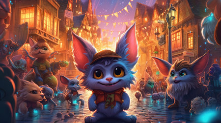 Playful little gremlins causing mayhem in a magical town. Fantasy concept, Illustration painting....