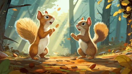 Playful squirrels gathering acorns. Fantasy concept, Illustration painting. Digital art.の写真素材
