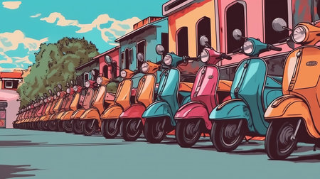 Scooters parked in a row in a city square. Fantasy concept, Illustration painting. Digital art.