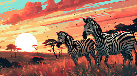 Wild zebras grazing on the plains. Fantasy concept, Illustration painting. Digital art.の写真素材
