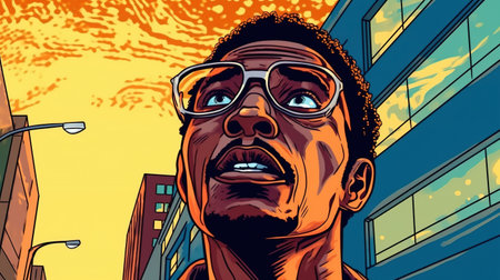 A man with glasses looks at the sunset in the sky. Fantasy concept, Illustration painting. Digital...
