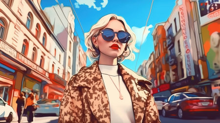 Fashionable street style in a city. Fantasy concept, Illustration painting. Digital art.