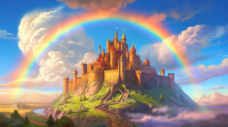 A rainbow over a castle .の写真素材