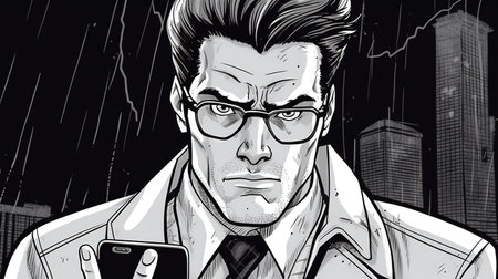 Concerned person checking their phone for updates . Fantasy concept , Illustration painting.の写真素材