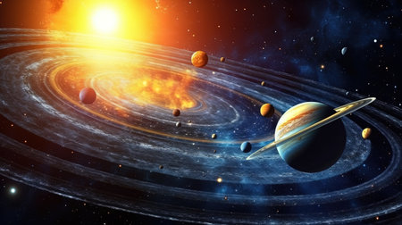 Solar system with planets and sun. Fantasy concept , Illustration painting.
