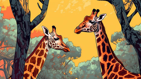 Elegant giraffes reaching for leaves . Fantasy concept , Illustration painting.の写真素材