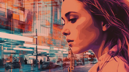 Portrait of a beautiful girl on the background of a busy street. Fantasy concept , Illustration painting.の写真素材