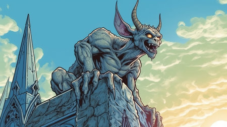 A gargoyle perched on a cathedral spire .の写真素材