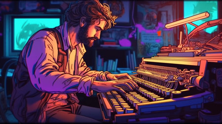Thoughtful writer typing on a vintage typewriter. Fantasy concept , Illustration painting.