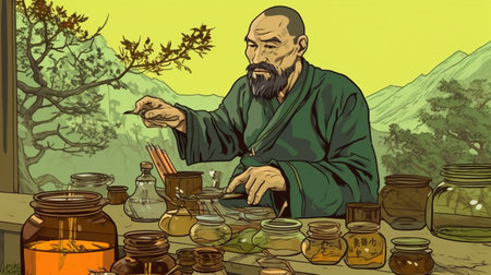 Traditional Chinese medicine practitioner using herbal remedies. Fantasy concept , Illustration painting.の写真素材