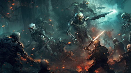 A team of futuristic soldiers fighting a horde of zombie cyborgs.