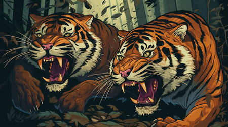 Ferocious tigers hunting prey . Fantasy concept , Illustration painting.