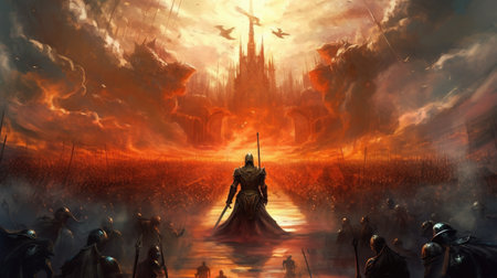 A paladin leading a holy crusade against a horde of demons.の写真素材