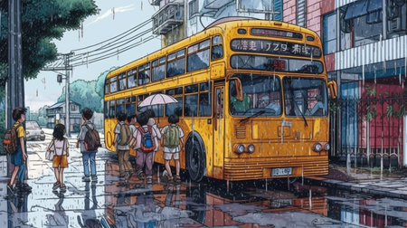 School bus picking up children at a bus stop. Fantasy concept , Illustration painting.