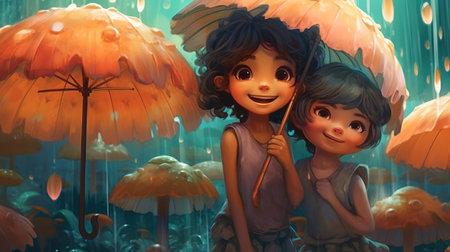 Cute little fairies using flowers as umbrellas . Fantasy concept , Illustration painting.の写真素材