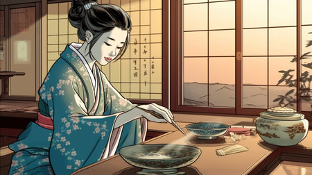 Traditional Japanese tea ceremony. Fantasy concept , Illustration painting.の写真素材