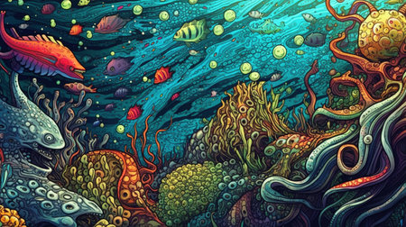 Marine biology and ocean ecosystems. Fantasy concept , Illustration painting.の写真素材