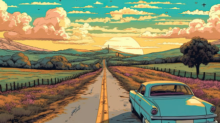 Countryside road trip . Fantasy concept , Illustration painting.の写真素材