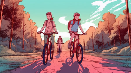 Happy family riding bicycles in a park. Fantasy concept , Illustration painting.の写真素材